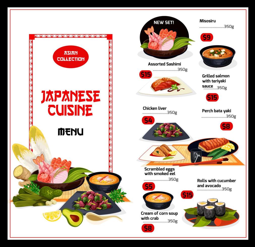 menu de cuisine de plats japonais exotiques vecteur
