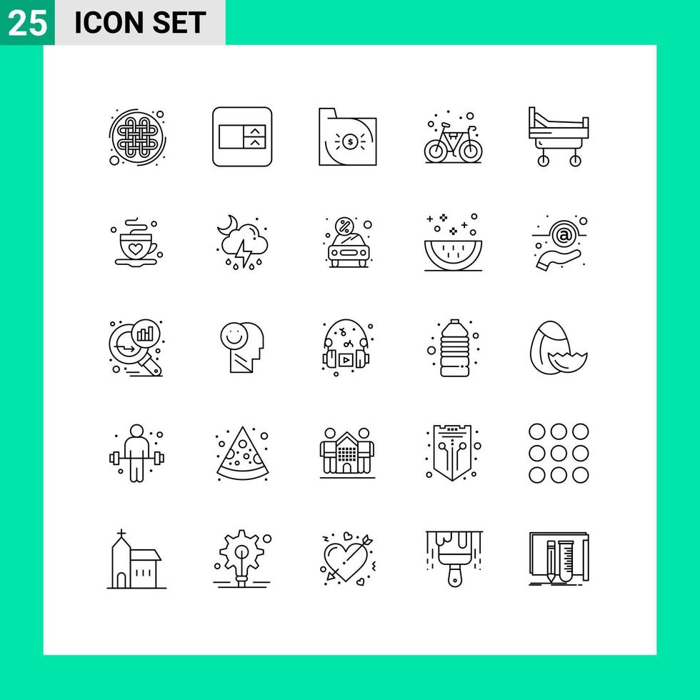 Pack de 25 lignes d'interface utilisateur de signes et symboles modernes d'éléments de conception vectoriels modifiables de vélo de cycle bancaire de gymnase d'hôpital vecteur