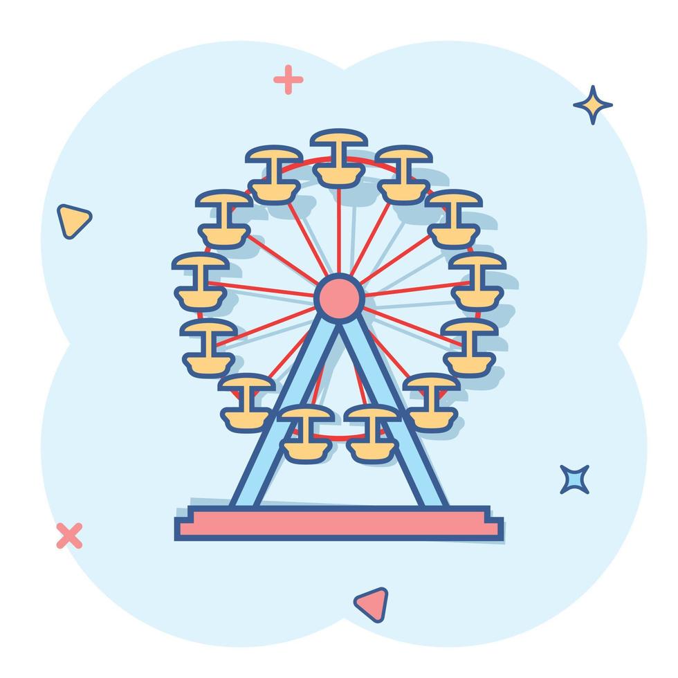 icône de grande roue de dessin animé de vecteur dans le style comique. carrousel dans le pictogramme d'illustration de signe de parc. concept d'effet d'éclaboussure d'entreprise de manège d'amusement.