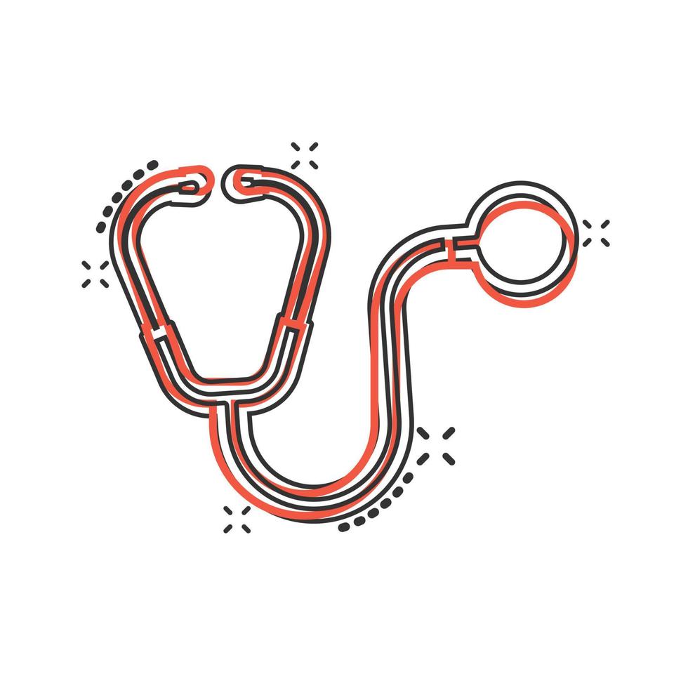 icône de stéthoscope dans le style comique. illustration vectorielle de dessin animé de diagnostic cardiaque sur fond isolé. concept d'entreprise de signe d'effet d'éclaboussure de médecine. vecteur