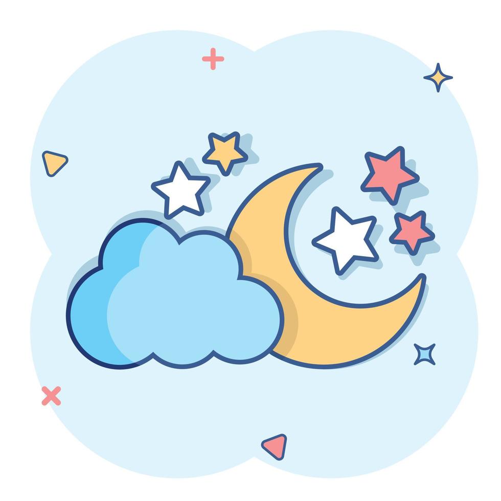 lune de dessin animé de vecteur et étoiles avec icône de mottes dans le style comique. pictogramme d'illustration de concept de nuit. nuage, concept d'effet d'éclaboussure d'affaires de lune.