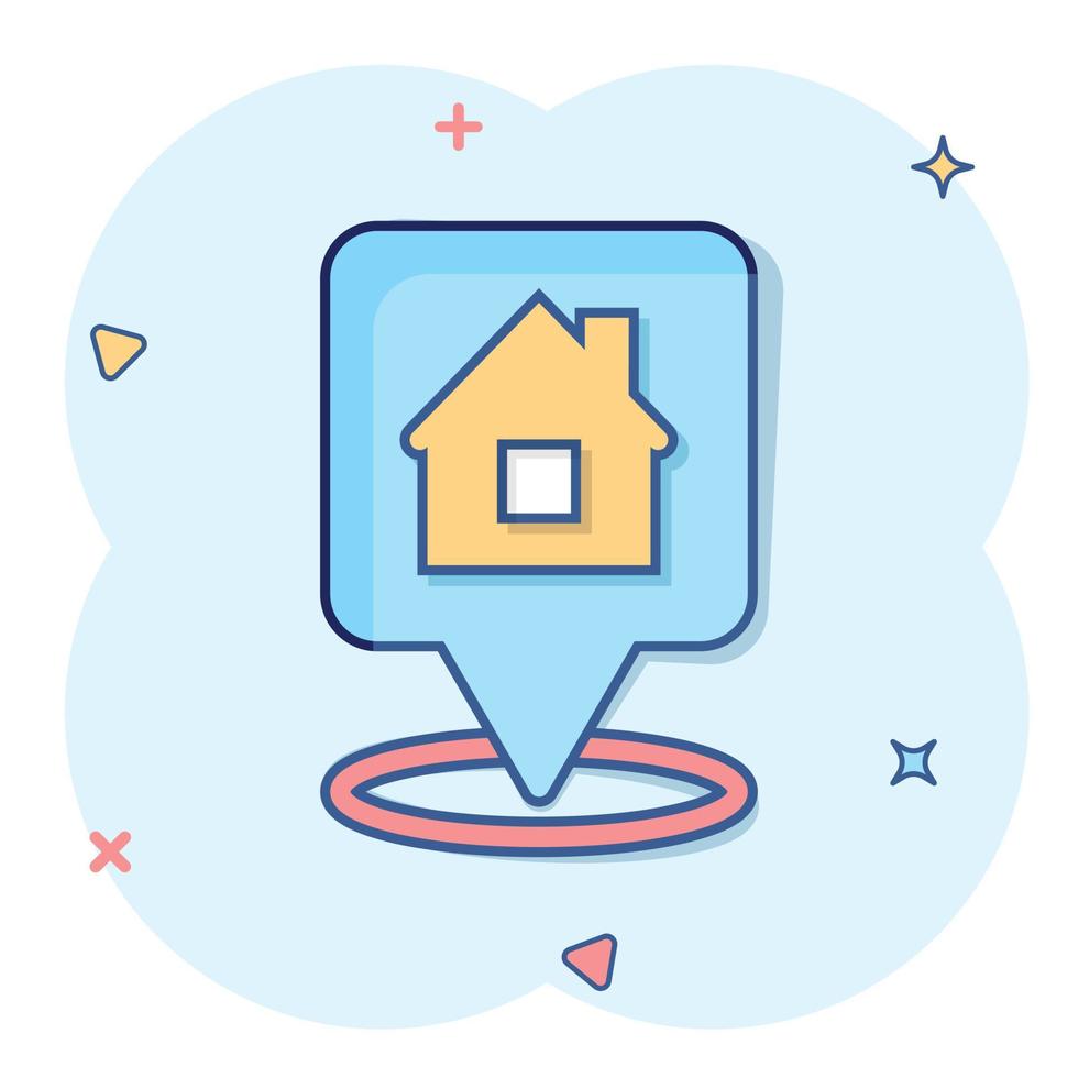 icône de broche de maison dans le style comique. illustration de vecteur de dessin animé de navigation maison sur fond blanc isolé. localiser le concept d'entreprise d'effet d'éclaboussure de position.