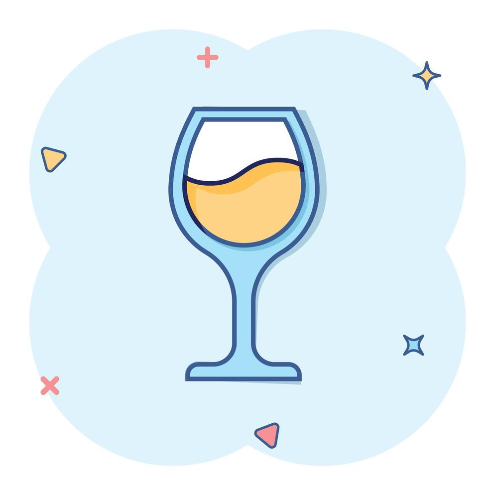 icône de verre à vin dans le style comique. illustration de vecteur de dessin animé de boisson champagne sur fond isolé. concept d'entreprise de signe d'effet d'éclaboussure de boisson cocktail.