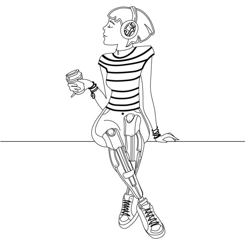 fille heureuse avec des jambes prothétiques buvant du café et profitant de la vie ligne art dessin illustration vectorielle.jeune femme handicapée avec un membre inférieur prothétique.personnes handicapées modernes.nouvelles technologies vecteur