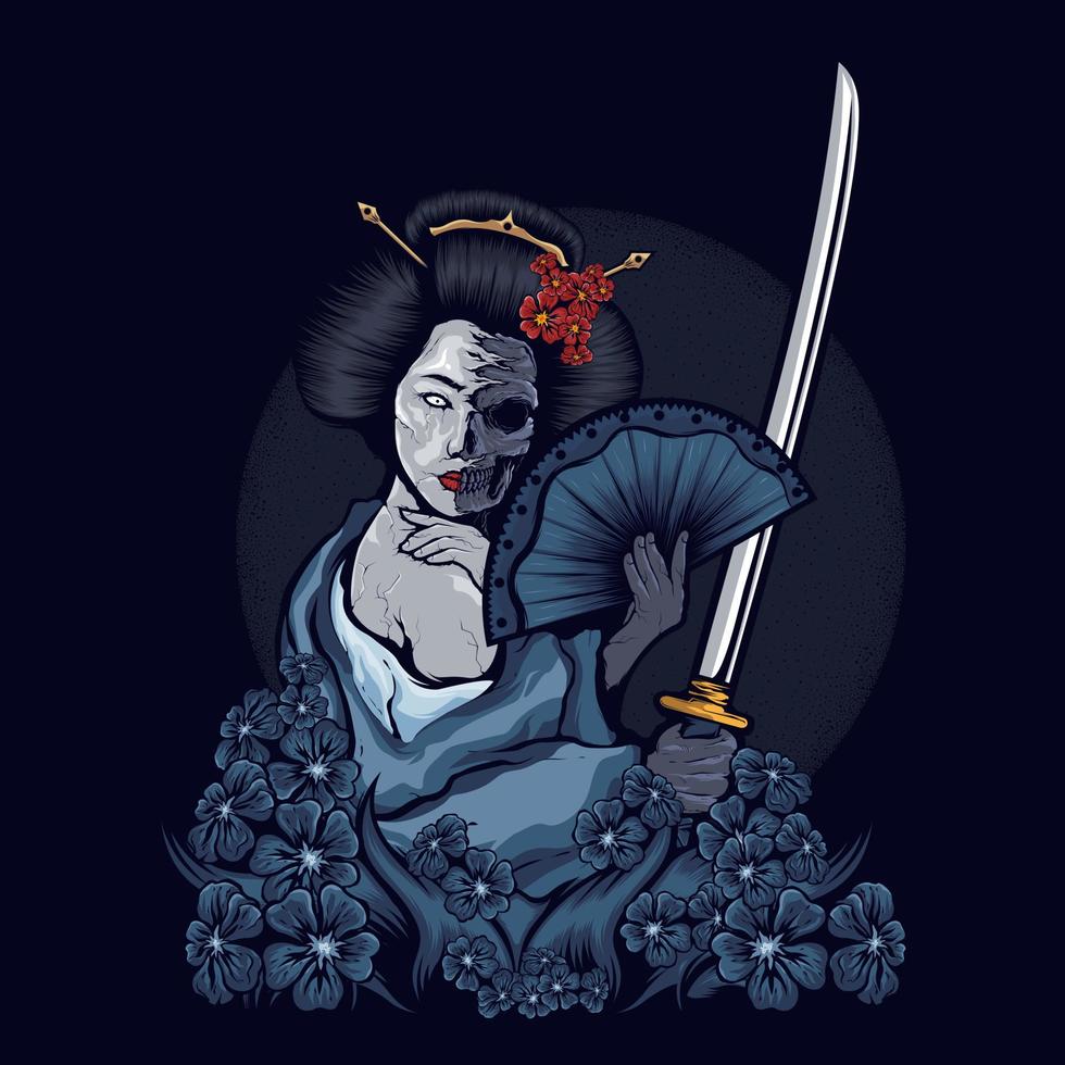 crâne de geisha avec épée et fleurs vecteur