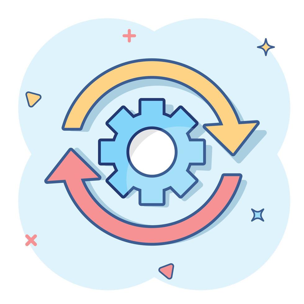 icône de processus de flux de travail dans le style comique. roue dentée d'engrenage avec pictogramme d'illustration de dessin animé de vecteur de flèches. effet d'éclaboussure de concept d'entreprise de flux de travail.