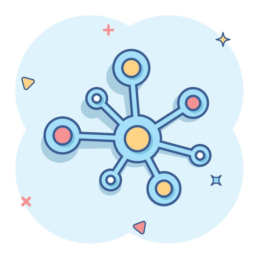 icône de signe de connexion réseau hub dans le style comique. illustration de dessin animé de vecteur de molécule d'adn sur fond blanc isolé. effet d'éclaboussure de concept d'entreprise d'atome.