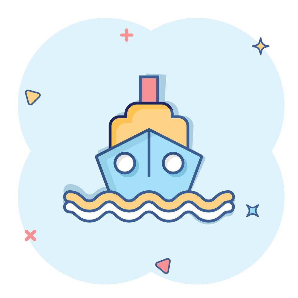 icône de bateau de tourisme dans le style comique. illustration de vecteur de dessin animé de bateau de pêche sur fond blanc isolé. concept d'entreprise d'effet d'éclaboussure de destination de pétrolier.