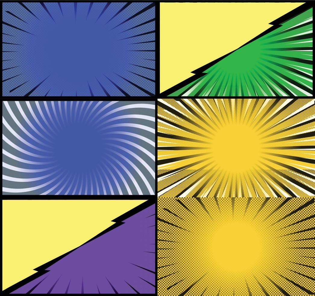 fond de cadres colorés de bande dessinée avec des rayons de demi-teintes effets radiaux et pointillés style pop art vecteur