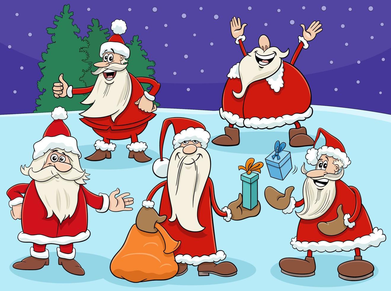 personnages de dessin animé santa clauses avec des cadeaux de noël vecteur