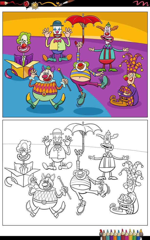 coloriage de groupe de clowns et de comédiens de dessin animé vecteur