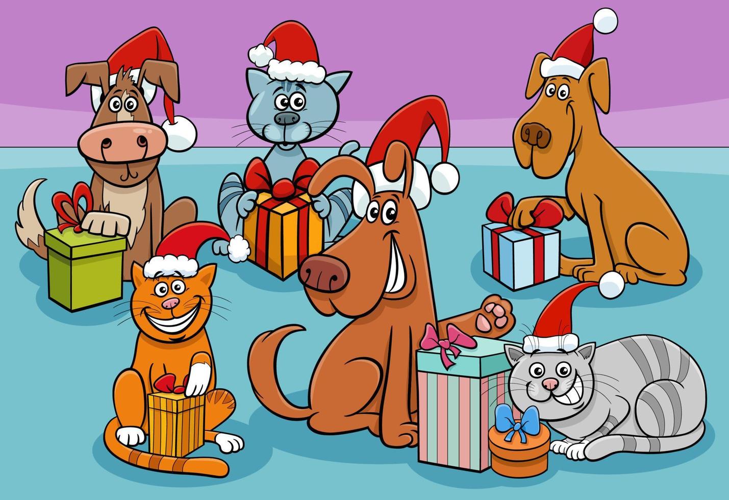 groupe d'animaux de dessin animé drôle avec des cadeaux de noël vecteur