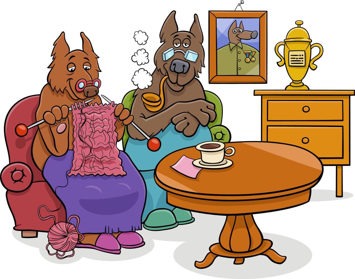 couple de personnages de chien senior de dessin animé à la maison vecteur