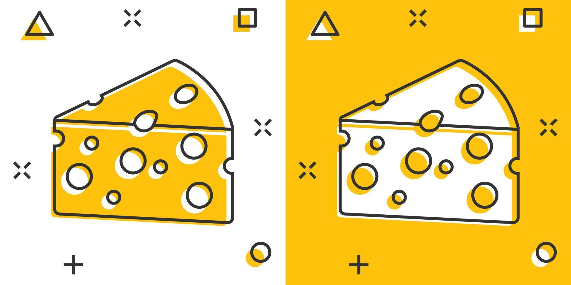 icône de tranche de fromage dans le style comique. illustration de vecteur de dessin animé de lait alimentaire sur fond isolé. concept d'entreprise de signe d'effet d'éclaboussure de petit-déjeuner.