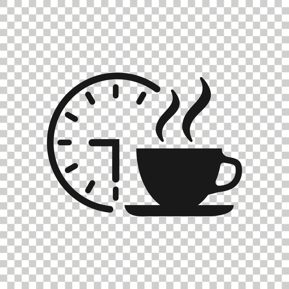 icône de pause café dans un style plat. horloge avec illustration vectorielle de tasse de thé sur fond isolé blanc. concept d'entreprise de l'heure du petit déjeuner. vecteur