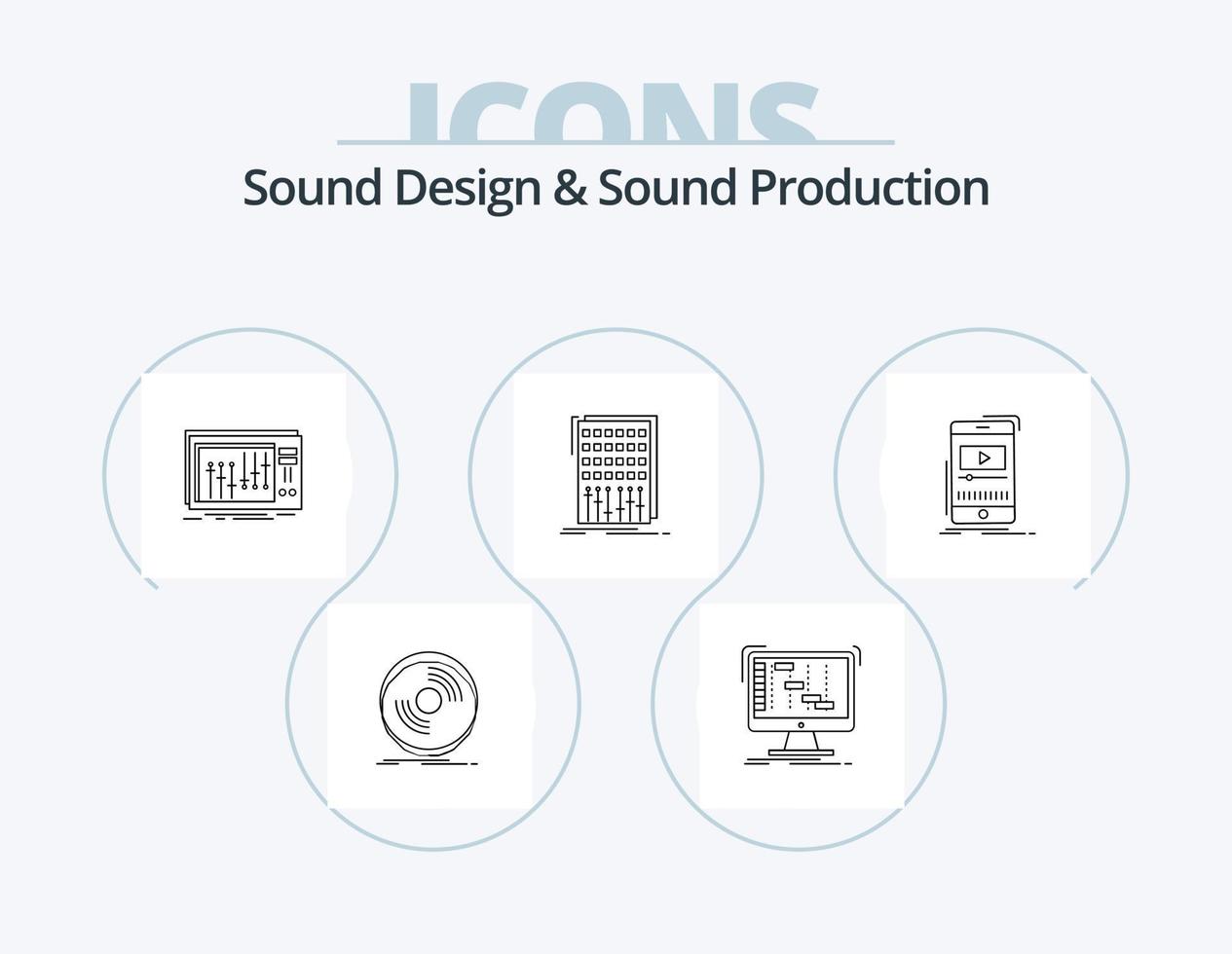 conception sonore et ligne de production sonore pack d'icônes 5 conception d'icônes. instrument. tambouriner. conférencier. son. module vecteur