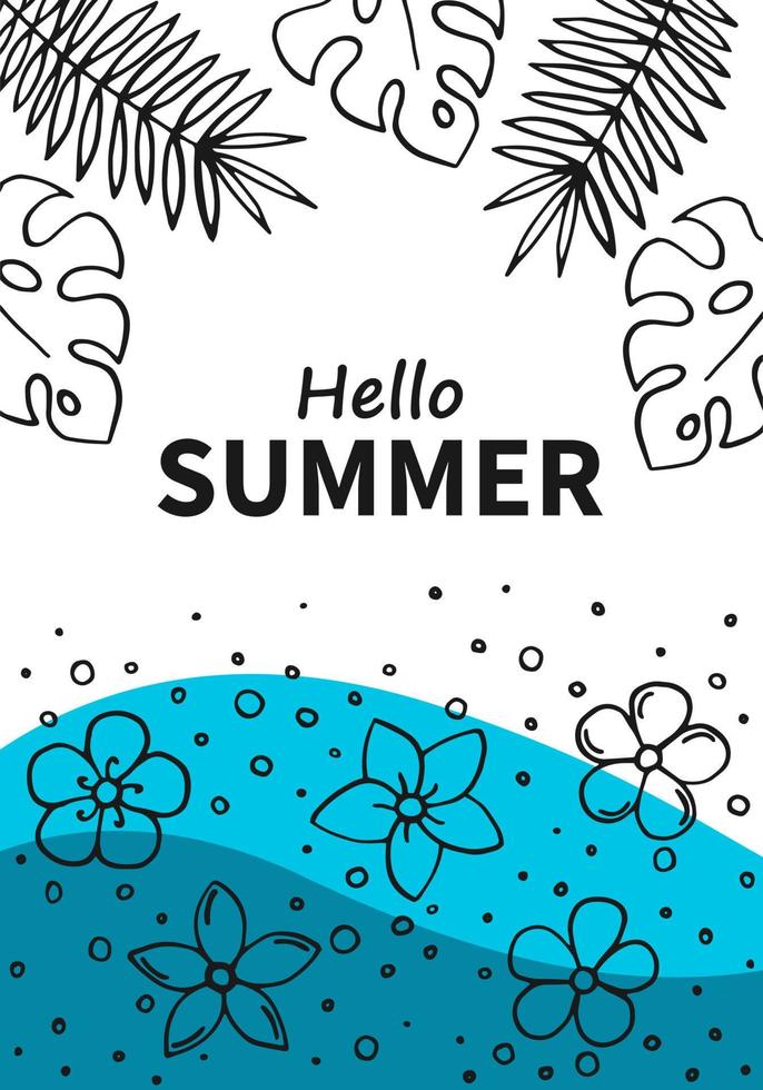 affiche d'été dessinée à la main avec des feuilles tropicales. cartes de vacances d'été. vecteur