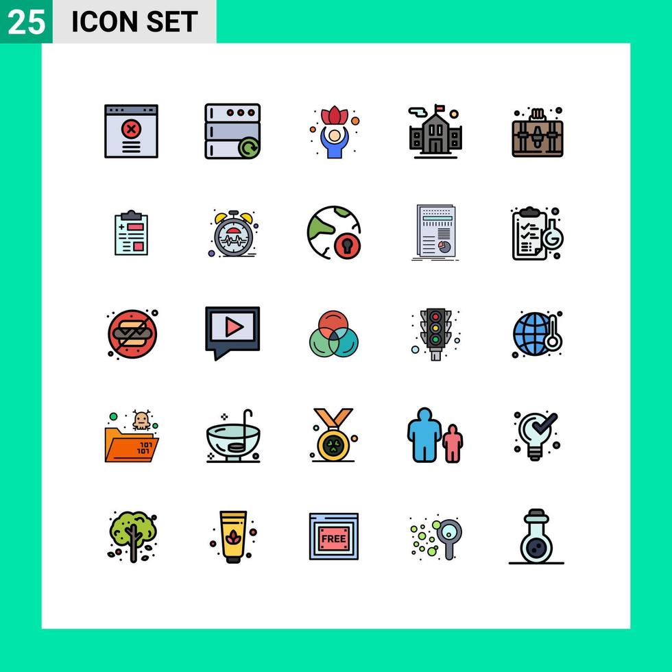 25 concept de couleur plate de ligne remplie pour les sites Web mobiles et les applications rapportent les loisirs ainsi que l'éducation du sac éléments de conception vectoriels modifiables vecteur