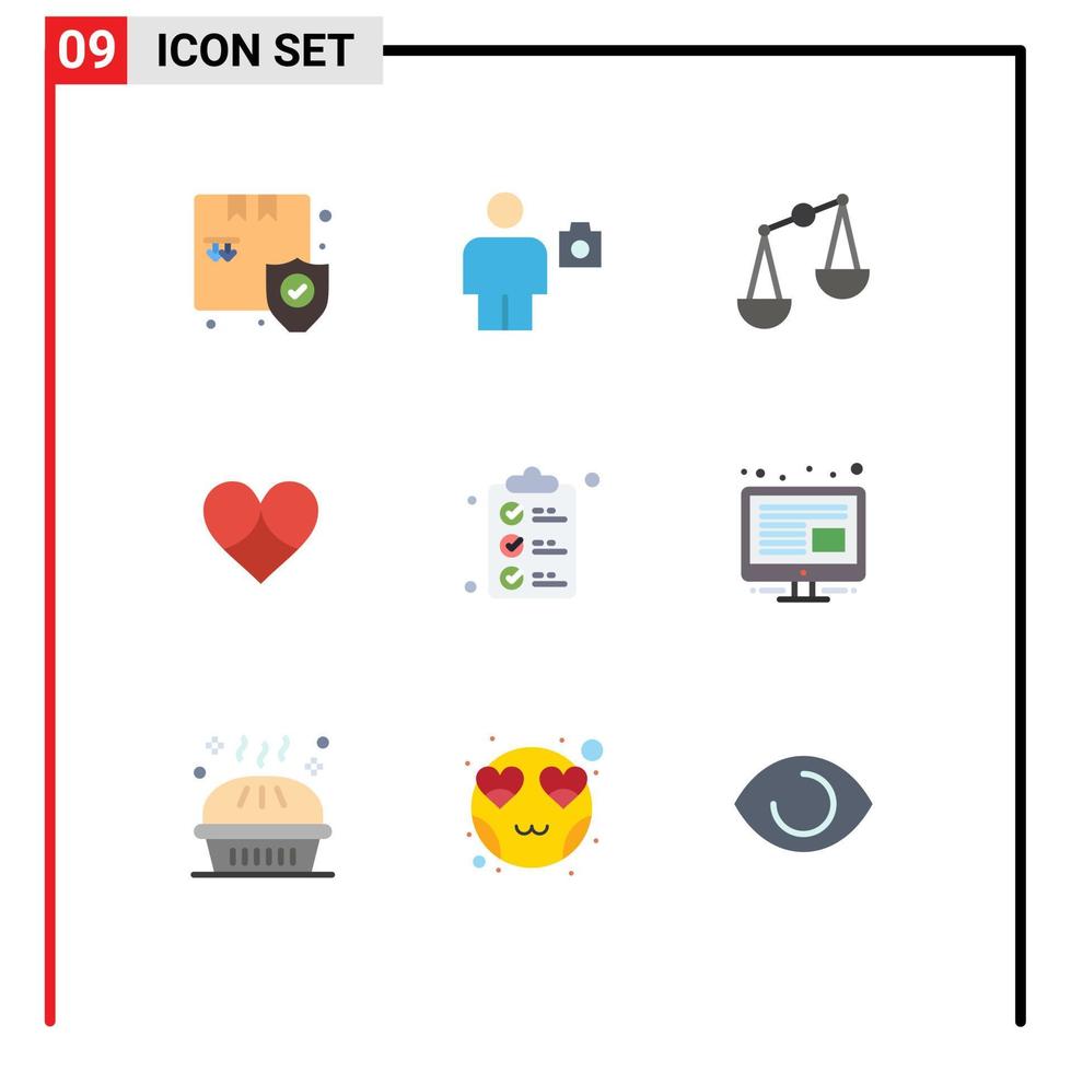 symboles d'icônes universels groupe de 9 couleurs plates modernes de liste de contrôle comme photo amour cadeau éléments de conception vectoriels modifiables vecteur