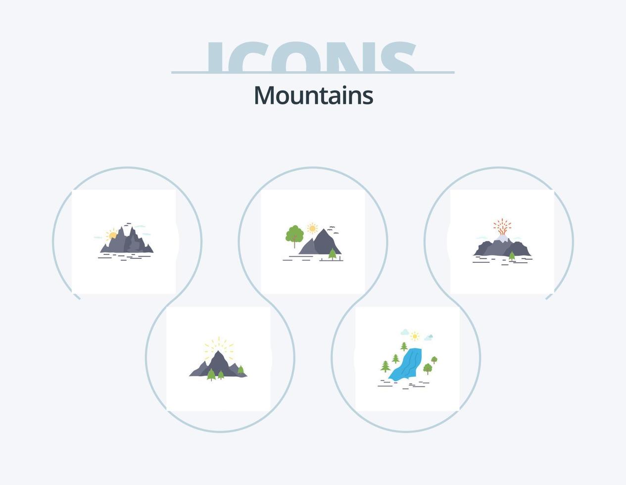 pack d'icônes plates montagnes 5 conception d'icônes. la nature. colline. des nuages. l'eau. paysage vecteur