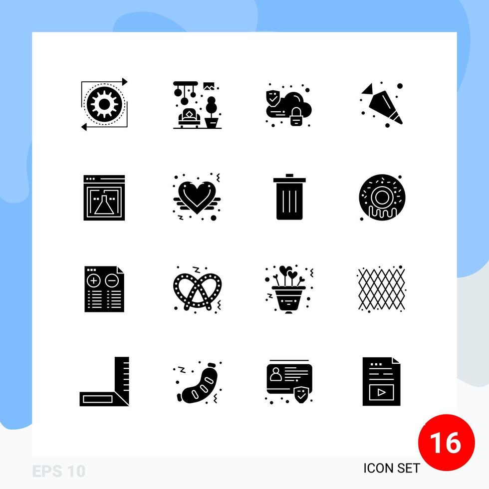 groupe de 16 glyphes solides modernes définis pour les éléments de conception vectoriels modifiables de nourriture de flacon de nuage de laboratoire web vecteur