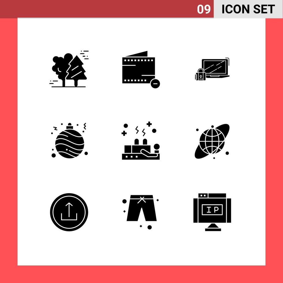 interface mobile glyphe solide ensemble de 9 pictogrammes d'éléments de conception vectoriels modifiables de verrouillage de boule de porte-monnaie de noël vecteur