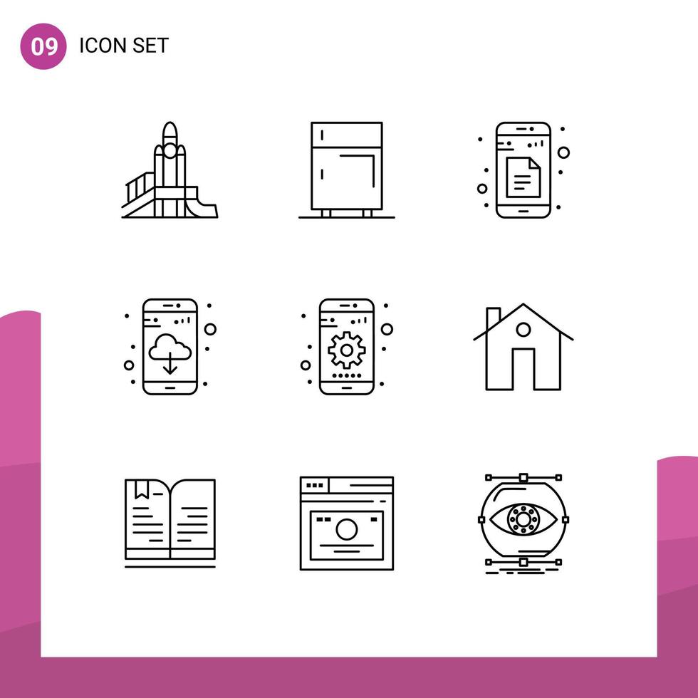 pack de 9 signes et symboles de contours modernes pour les supports d'impression Web tels que l'application d'engrenage télécharger des feuilles d'application d'équipement éléments de conception vectoriels modifiables vecteur