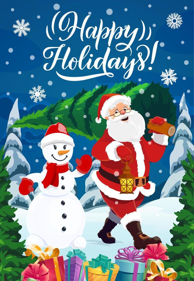 Père Noël avec arbre de Noël, cadeaux et bonhomme de neige vecteur