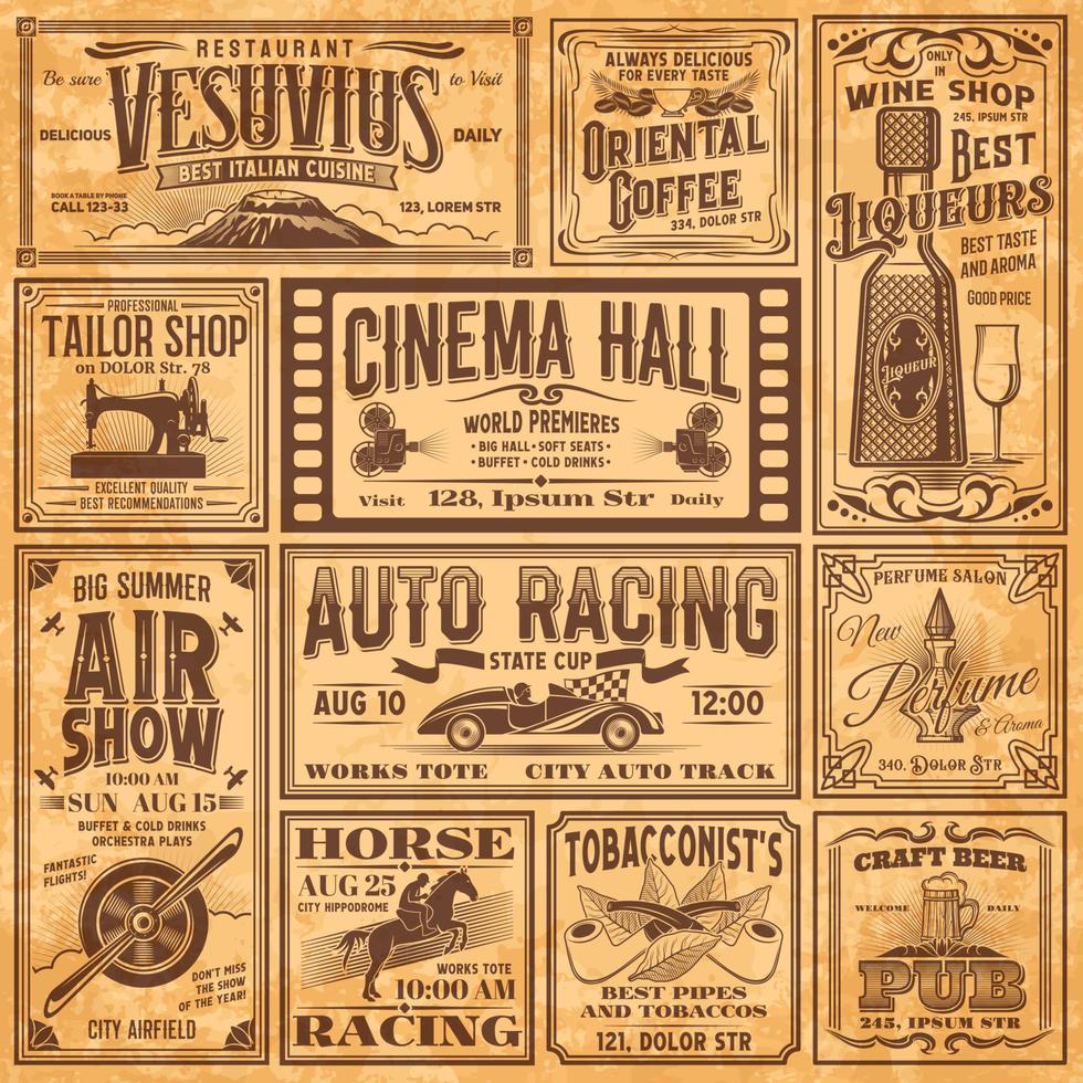 bannières de journaux vintage, publicités anciennes, publicités vecteur