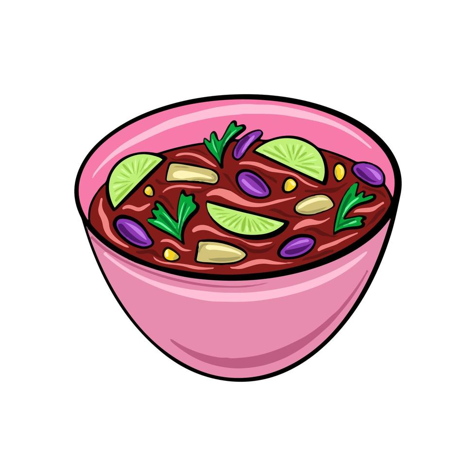 illustration vectorielle soupe mexicaine au citron vert et au piment dans un style de dessin animé mignon. plat mexicain traditionnel. vecteur