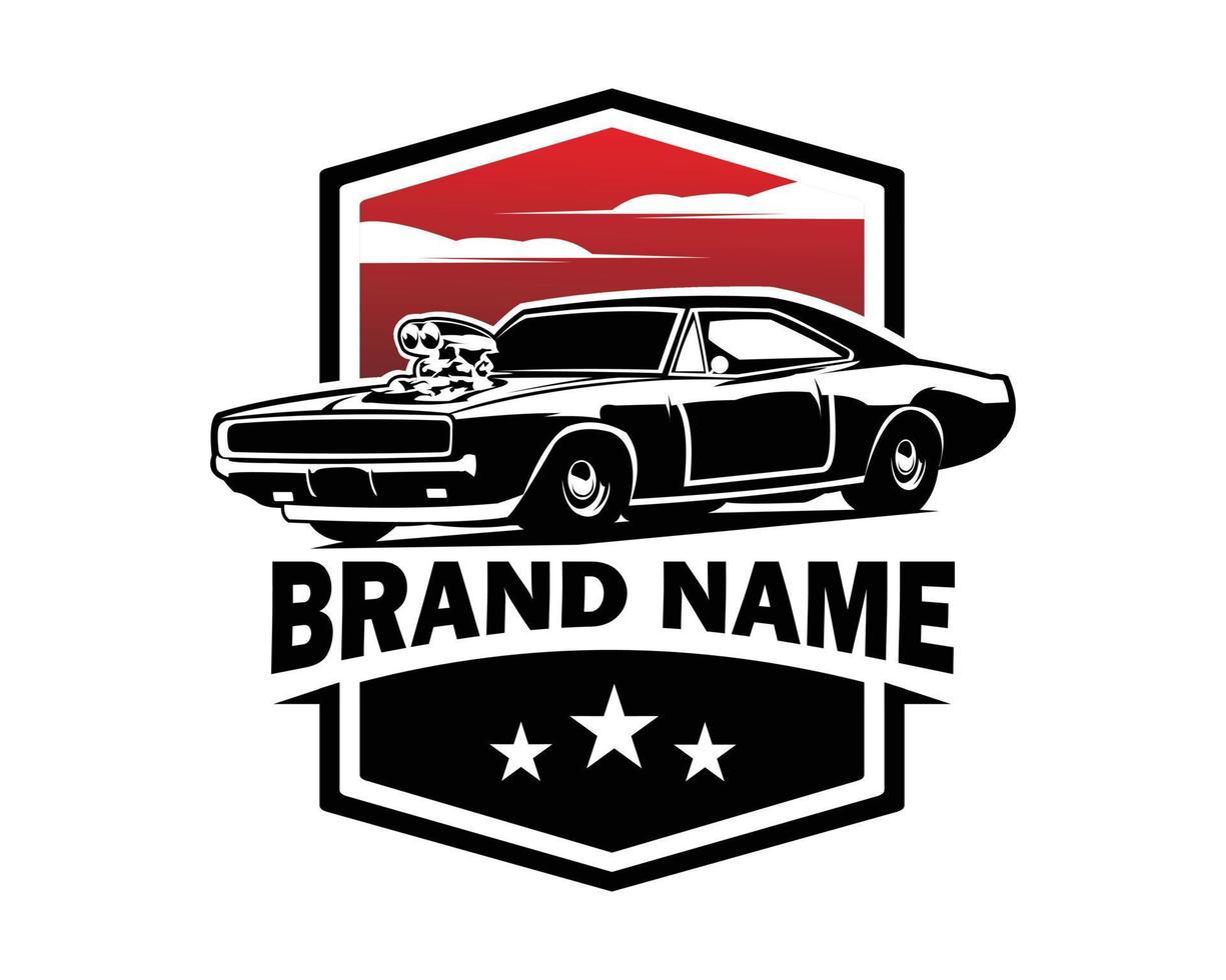 le logo de la voiture dodge charger apparaît avec une vue imprenable sur le ciel rouge. idéal pour l'industrie automobile, l'emblème, l'insigne, l'icône et la conception d'autocollants. illustration vectorielle eps 10. vecteur