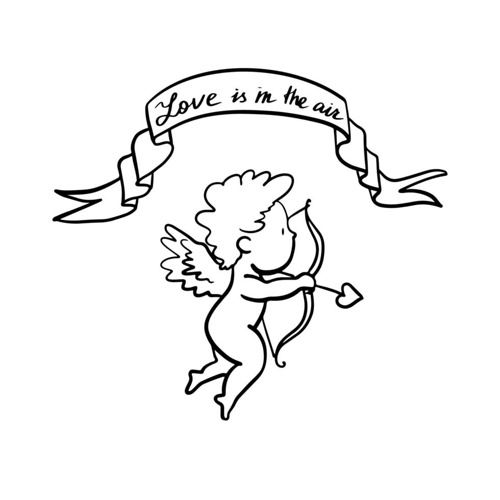 cupidon volant ou amour avec arc et flèche. bébé ailé dieu de l'amour eros. croquis à l'encre de doodle linéaire dessiné à la main. illustration vectorielle isolée. vecteur