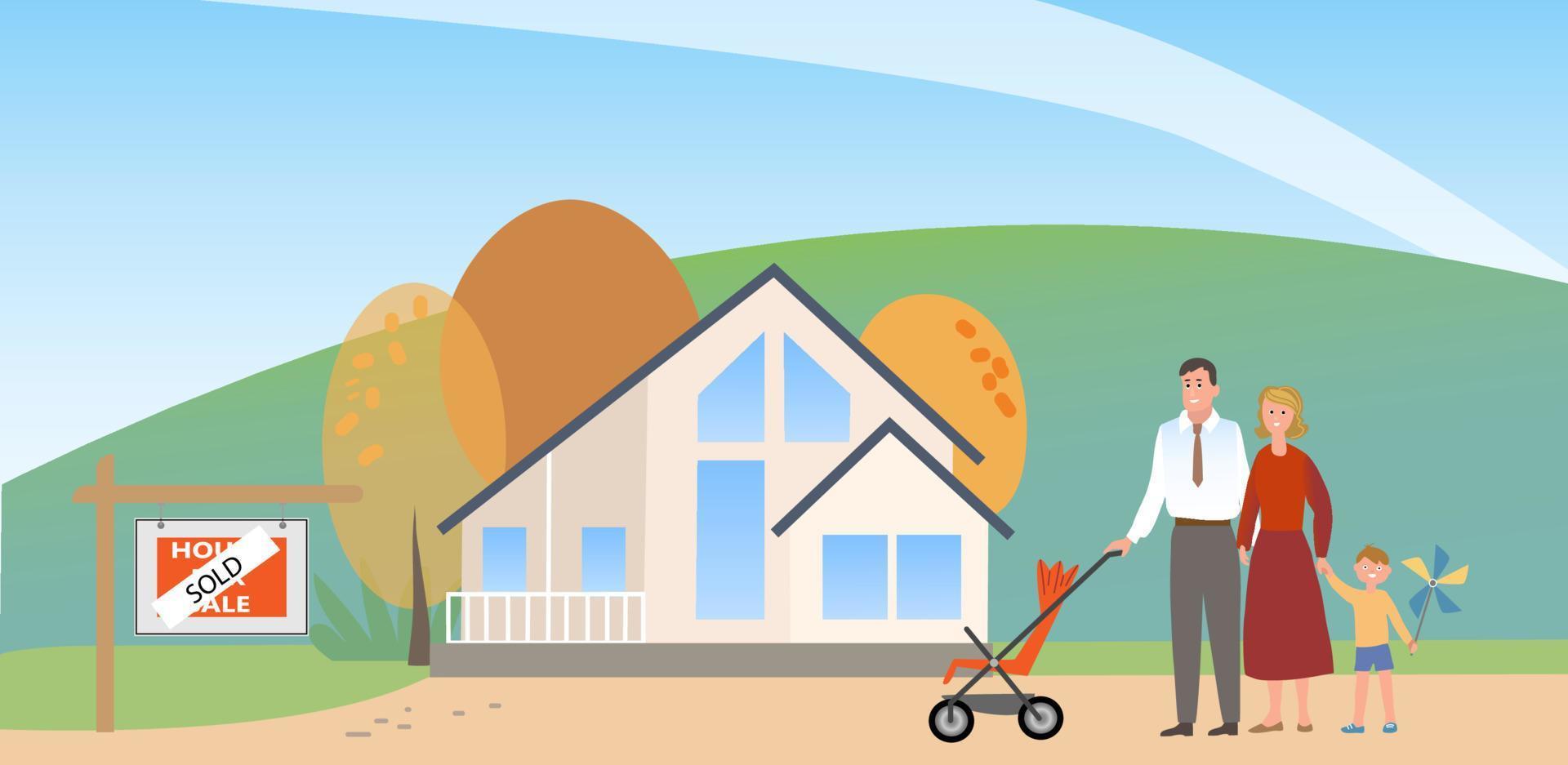 famille achetant une nouvelle maison, couple heureux avec soleil achetant une propriété, illustration vectorielle immobilier. personnages avec enfant emménageant dans une nouvelle maison vecteur