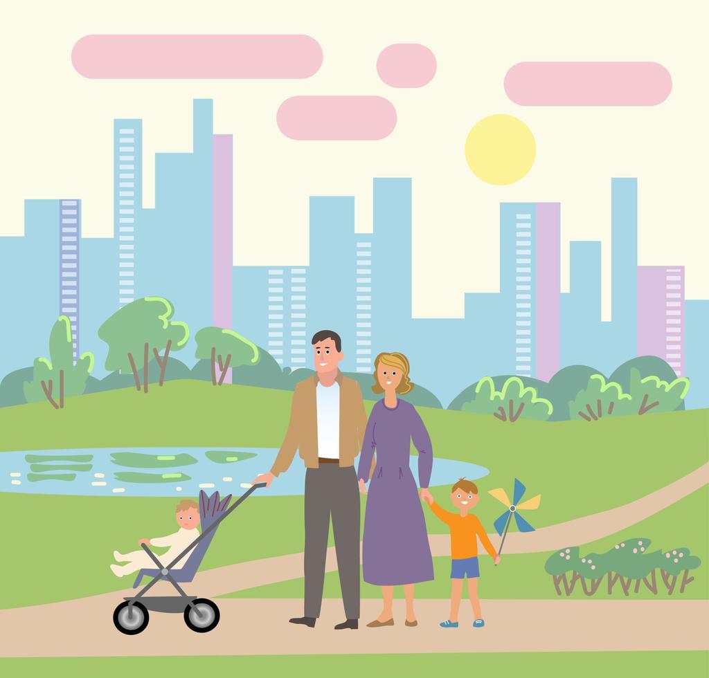 une famille heureuse se promène dans le parc de la ville. père, mère, fils et fille ensemble à l'extérieur. illustration vectorielle en style cartoon vecteur