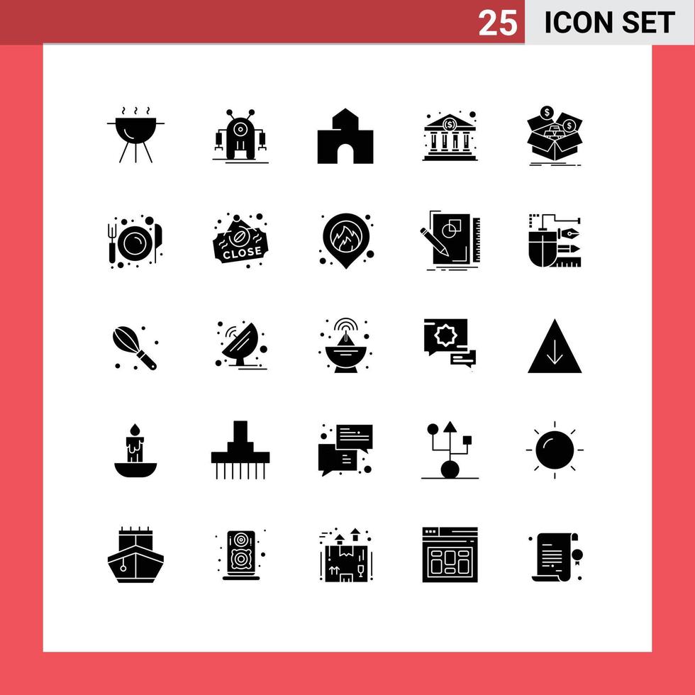 pack de 25 signes et symboles de glyphes solides modernes pour les supports d'impression Web tels que la boîte du bâtiment du gouvernement cash bank home éléments de conception vectoriels modifiables vecteur