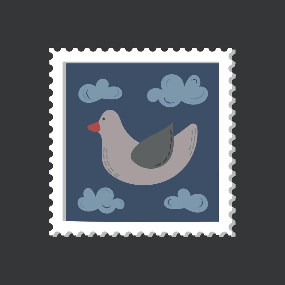 timbre-poste d'oiseau mignon dessiné à la main isolé sur fond bleu. vecteur