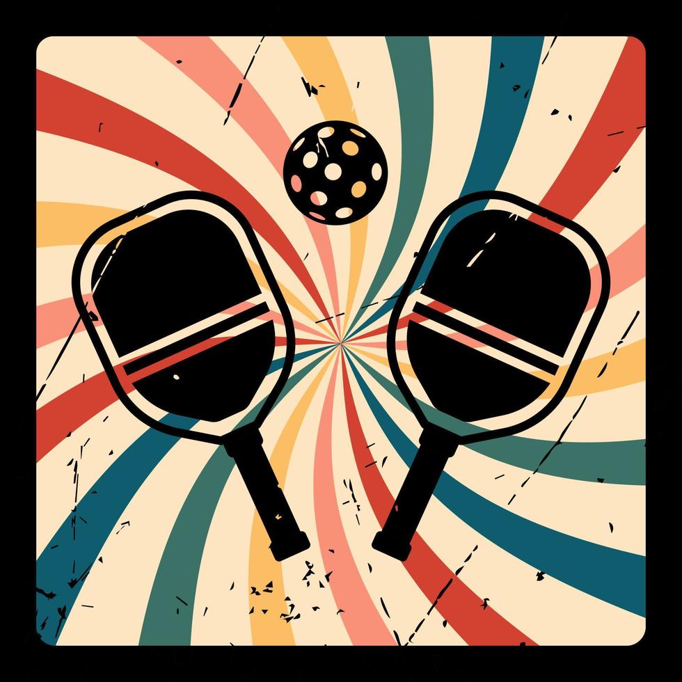 raquettes et balle de pickleball dans un style vintage. emblème du club de sport. affiche avec éraflures. texture rétro. conception de t-shirt sur fond noir. symbole de pickleball, création de logo. illustration vectorielle vecteur