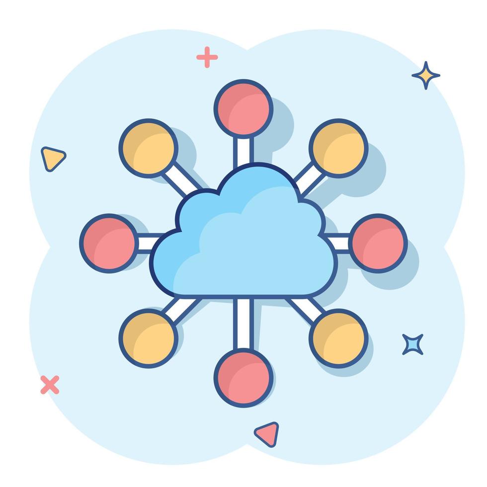 icône de technologie de cloud computing de dessin animé de vecteur dans le style comique. pictogramme d'illustration d'analyse infographique. concept d'effet d'éclaboussure d'entreprise de réseau.