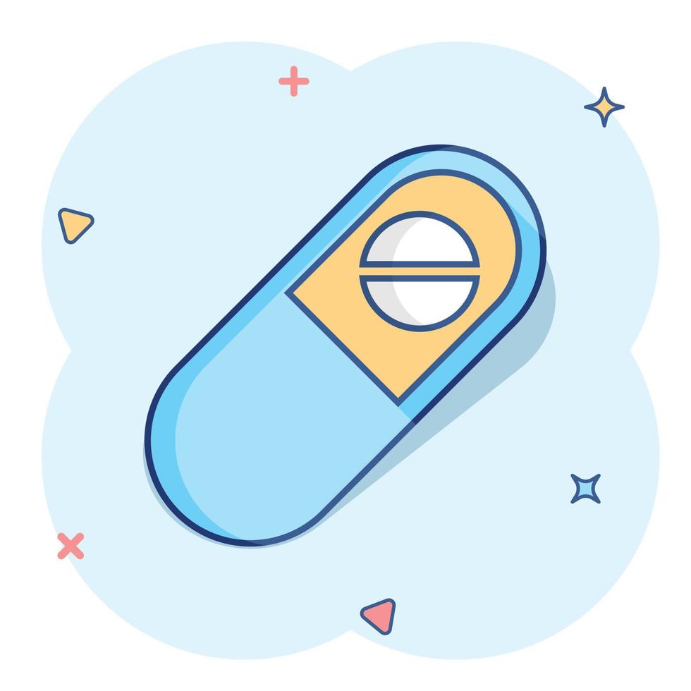 icône de tablette de pilules de capsule de dessin animé de vecteur dans le style comique. pictogramme d'illustration de concept de pilules médicales. concept d'effet d'éclaboussure de capsule et de drogue.