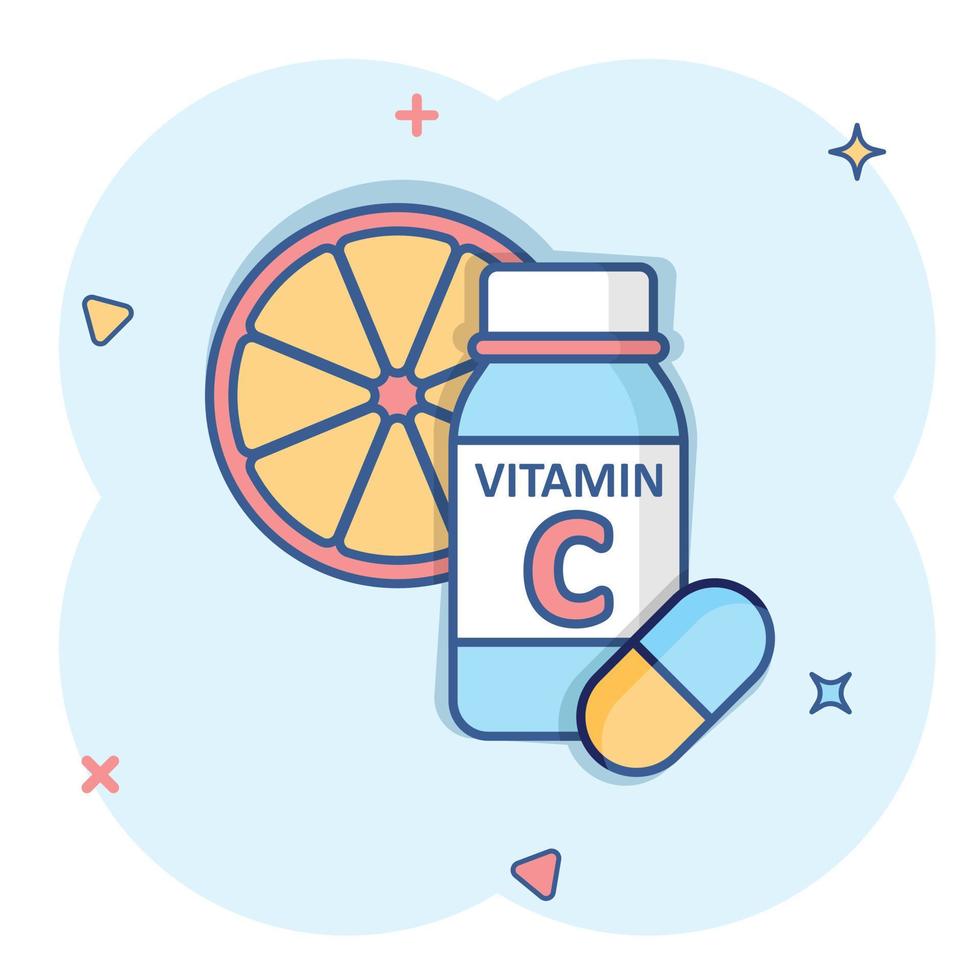 icône de vitamine c dans le style comique. bouteille avec illustration de vecteur de dessin animé de pilule sur fond blanc isolé. signe de pharmacie effet splash de concept d'entreprise.