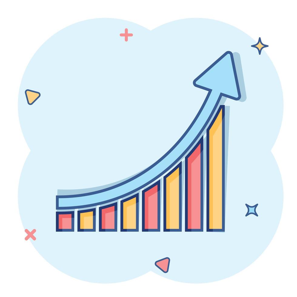 icône de graphique à barres croissante dans le style comique. augmenter le pictogramme d'illustration de dessin animé de vecteur de flèche. effet d'éclaboussure du concept d'entreprise de progrès infographique.