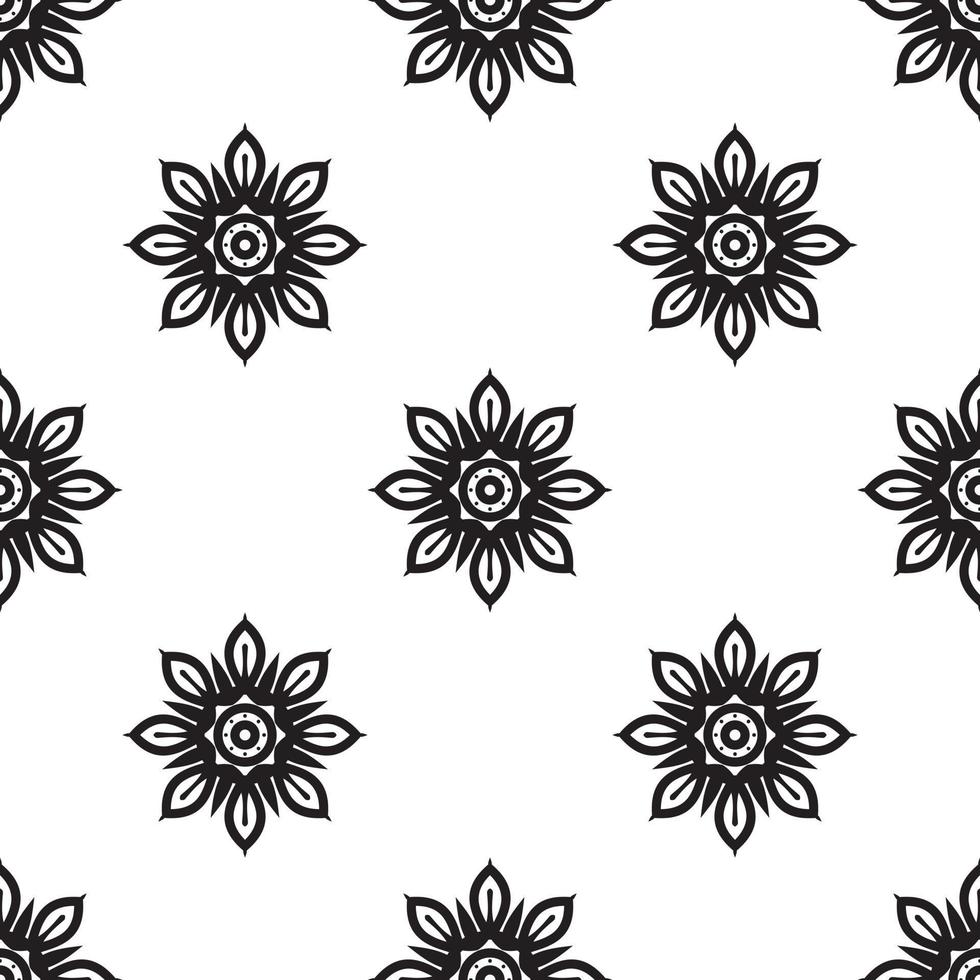 fleur mandala art noir et blanc motif sans couture. motif monochrome tribal abstrait sans soudure. texture ethnique dessinée à la main. illustration vectorielle. vecteur