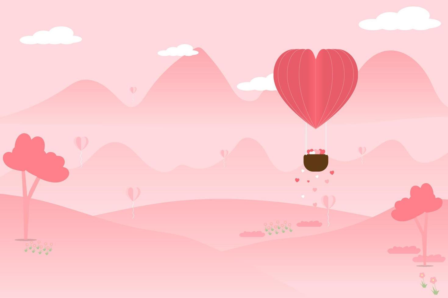 illustration vectorielle ballon coeur avec l'amant rose montagne et fleur fond paysage saint valentin cocnept vecteur