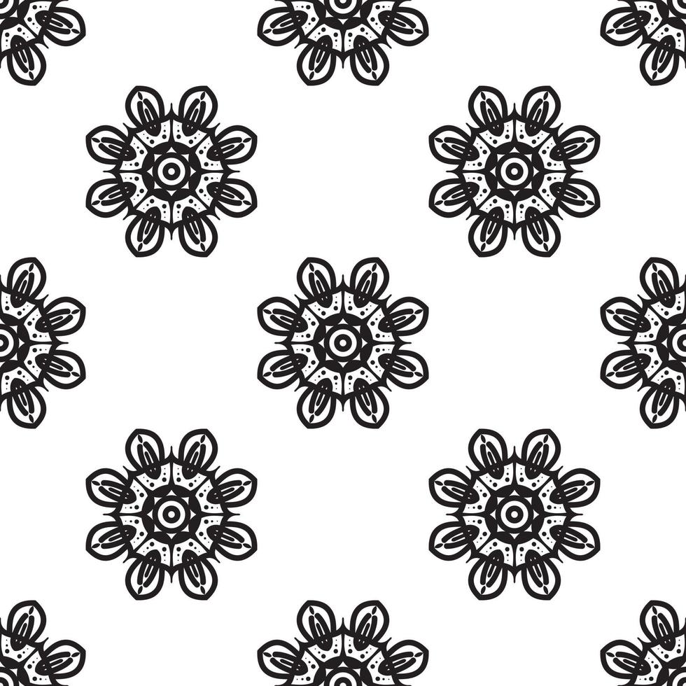 fleur mandala art noir et blanc motif sans couture. fond rétro monochrome inspiré de l'art traditionnel vecteur