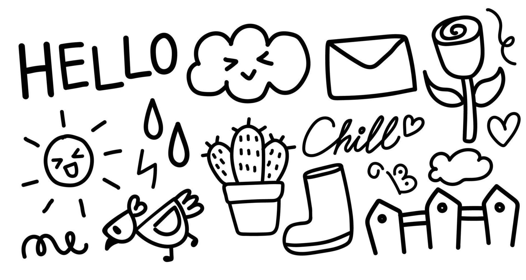 ensemble de doodle dessinés à la main. éléments d'étoile, cactus, nuage, soleil, mot, poulet, etc. illustration vectorielle vecteur
