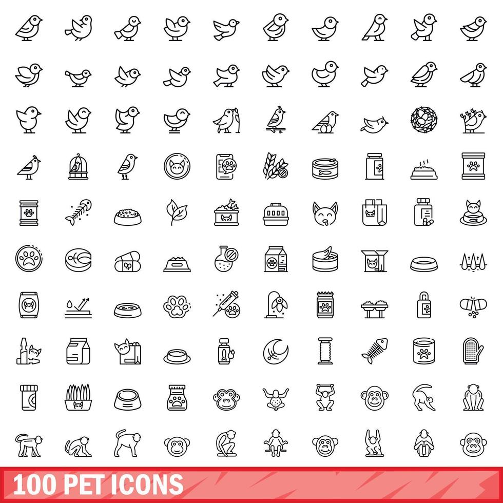 Ensemble de 100 icônes pour animaux de compagnie, style de contour vecteur