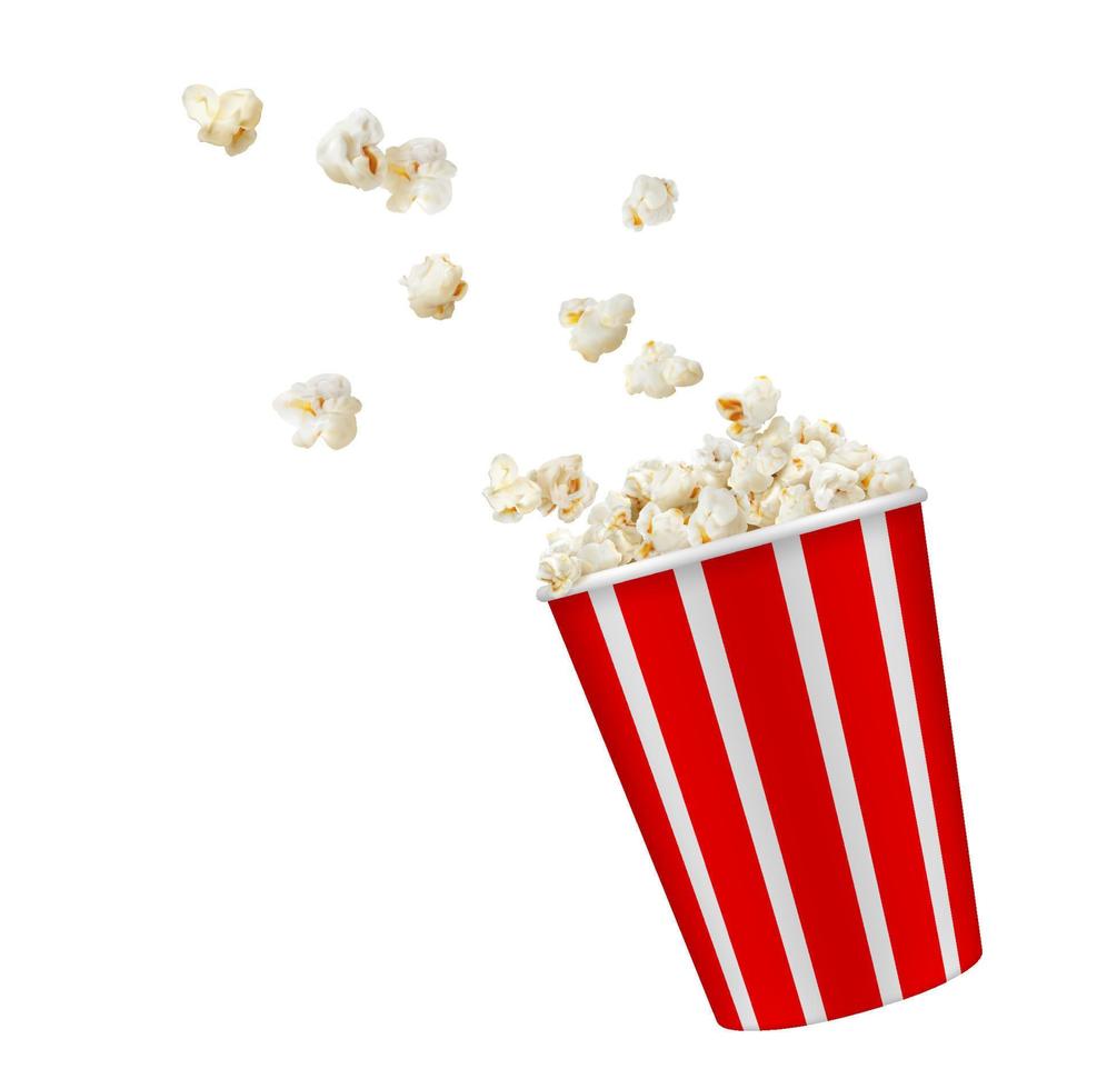 seau à pop-corn, récipient à pop-corn réaliste. image vectorielle maquette d'un seau blanc et rouge avec des graines de collation volantes. boîte en papier rayé avec pop-corn, conception 3d isolée pour le cinéma ou le cinéma vecteur