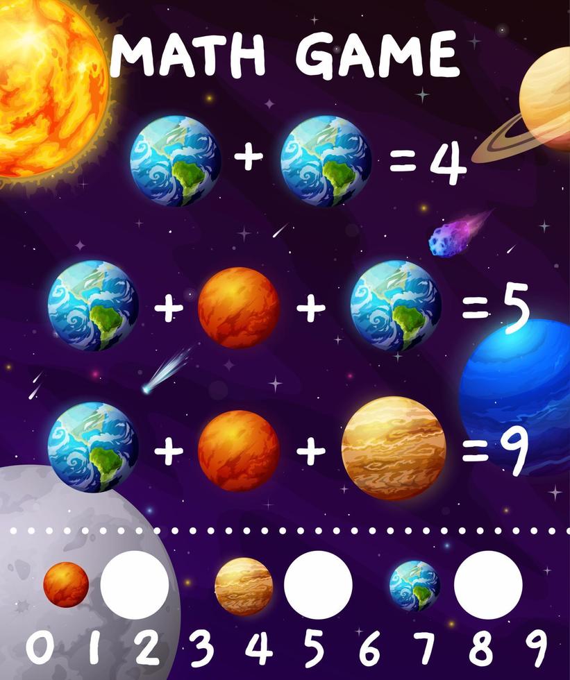 jeu de mathématiques avec des planètes et des étoiles de l'espace de dessin animé vecteur