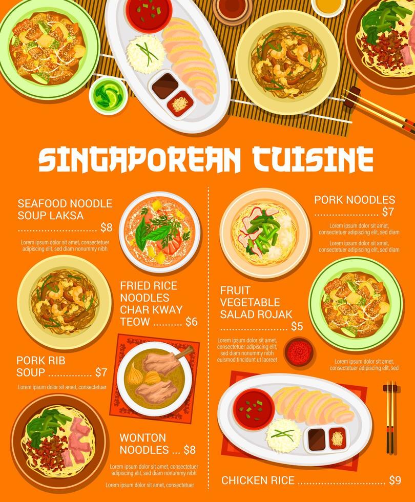 menu de cuisine singapourienne, plats asiatiques, repas vecteur