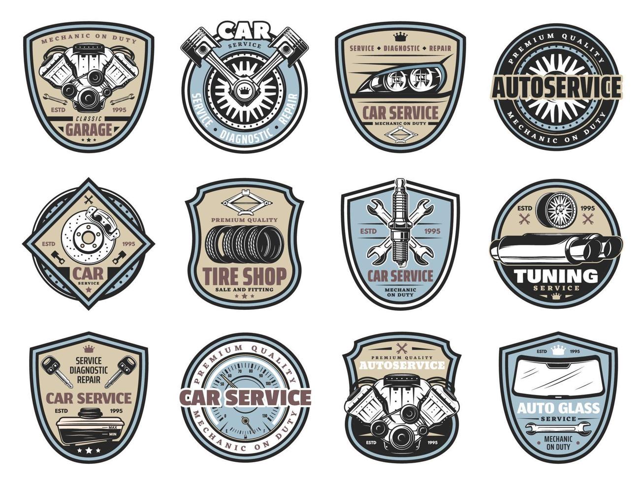 service de voiture, badges vectoriels de réparation de garage mécanique vecteur